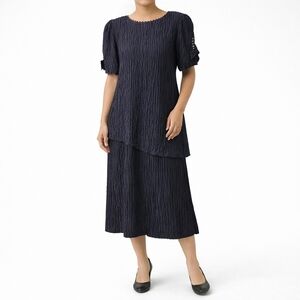 Vintage DAVID ROSE Size 16 Black Plisse Fabric Asymmetrical Layered Shift Dress